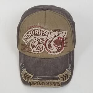 Sharks Hat Cap Strap Back Brown Khaki Embroidered Patch Distressed Fashion Mens